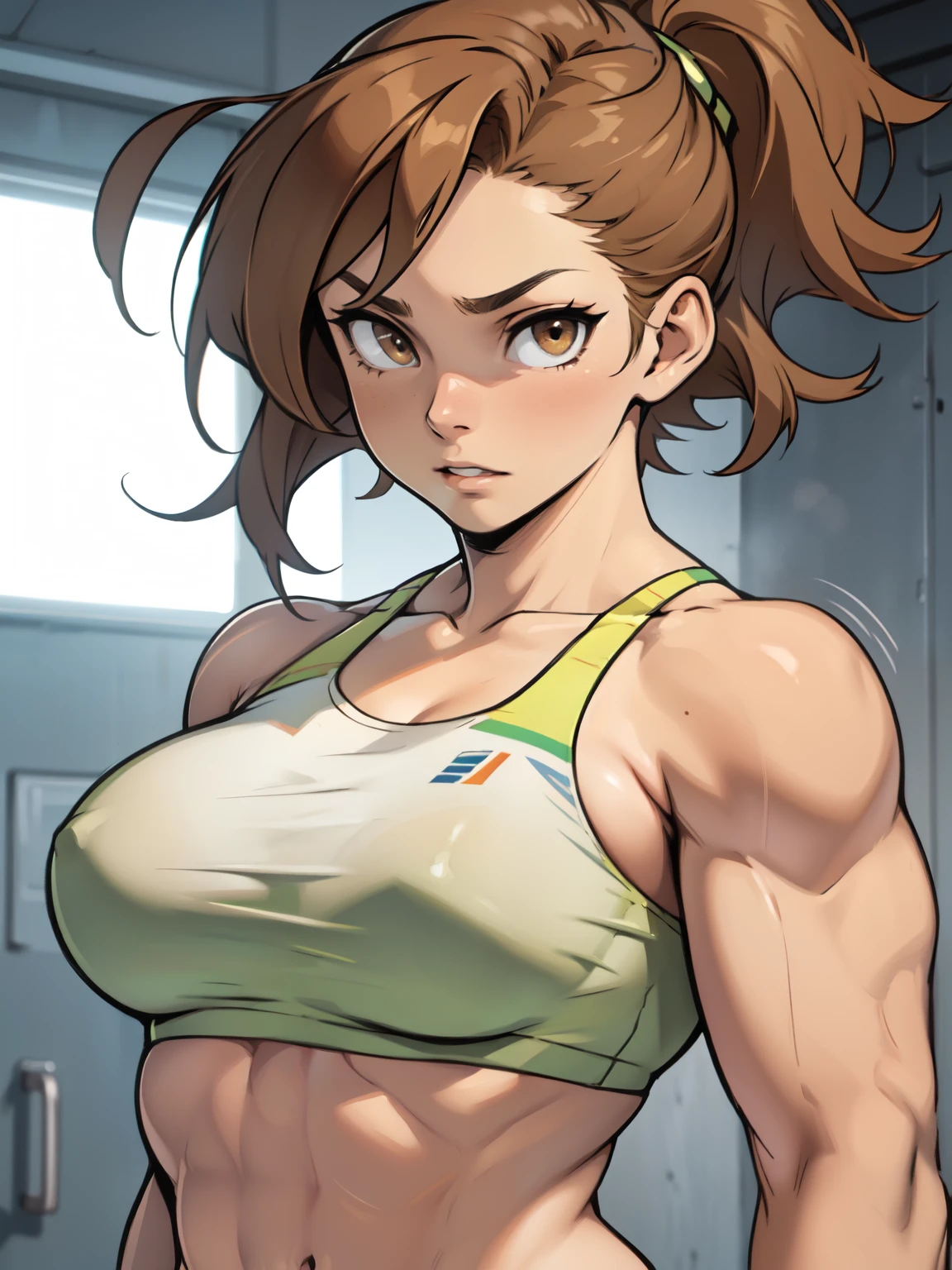 light brown hair golden eyes muscular girl toned body perky breasts confident expression confident expression confident expression thick sports bra pale skin close up