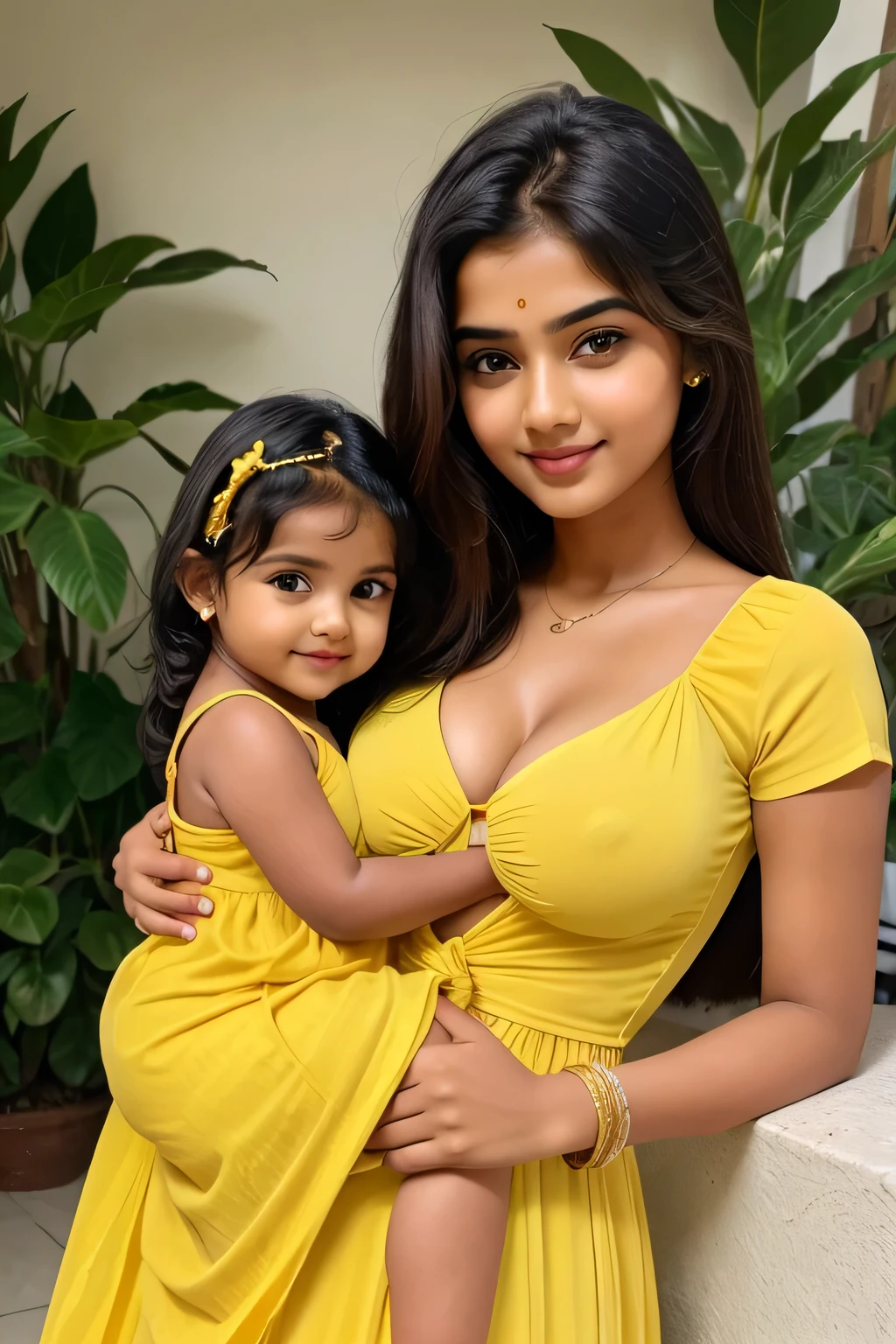 cute beautiful full hot romantic mood indian girl with smily face with small size boobs with different types of Hair style with stylish trending modern different yellow color full stunning dress with his 2 years old baby with cute full size straight full hot pic