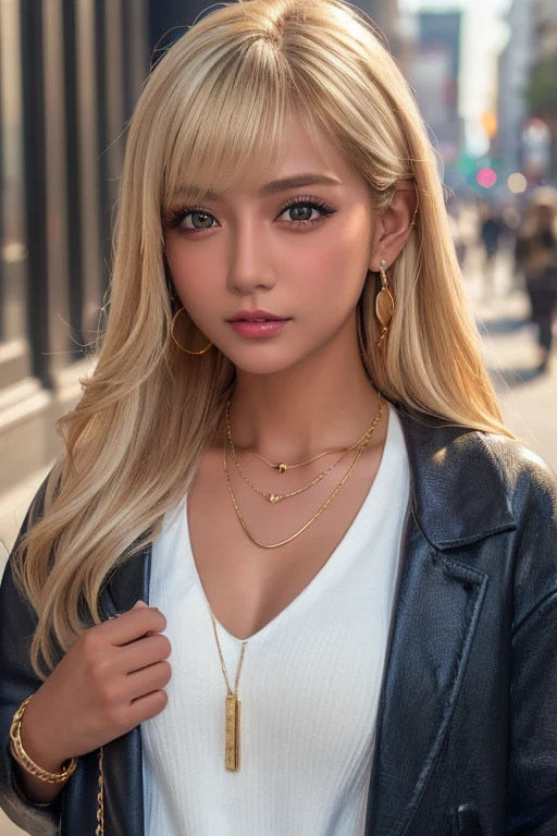 (Highest quality、4K、8k、High resolution、masterpiece:1.2)、Very detailed、(Genuine、Realistic、Realistic:1.3)、bustling street、Ear piercing、、Gal Makeup、Gal Fashion、((Blonde))、Gold Necklace、Gold Bracelets、Gold chain