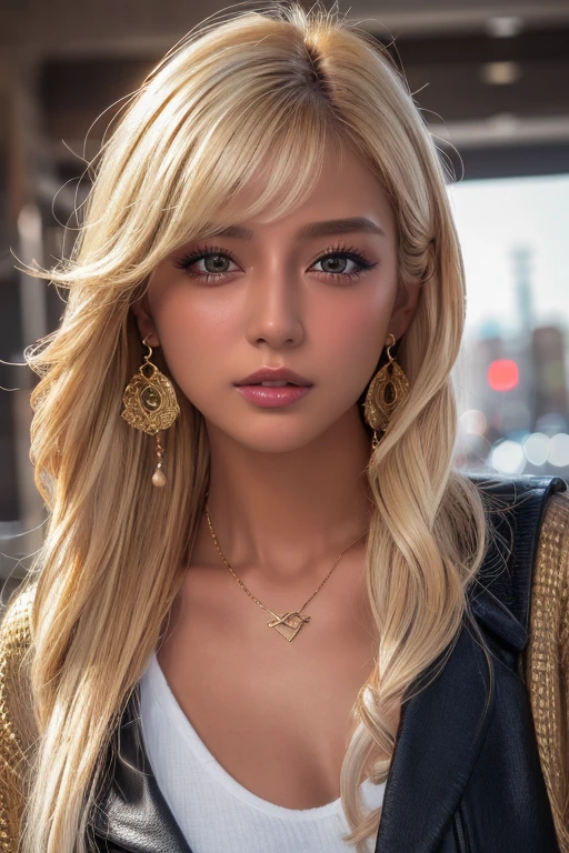 (Highest quality、4K、8k、High resolution、masterpiece:1.2)、Very detailed、(Genuine、Realistic、Realistic:1.3)、bustling street、Ear piercing、、Gal Makeup、Gal Fashion、((Blonde))、Gold Necklace、Gold Bracelets、Gold chain