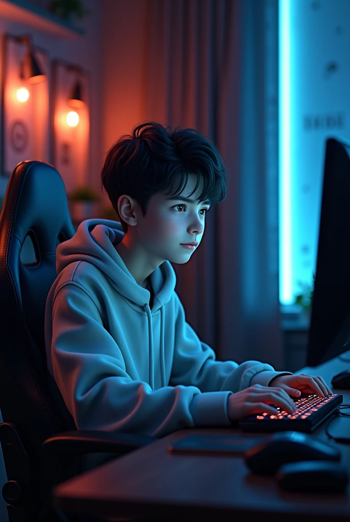 21 year boy with black short hair with hoodie sitting at gaming chair