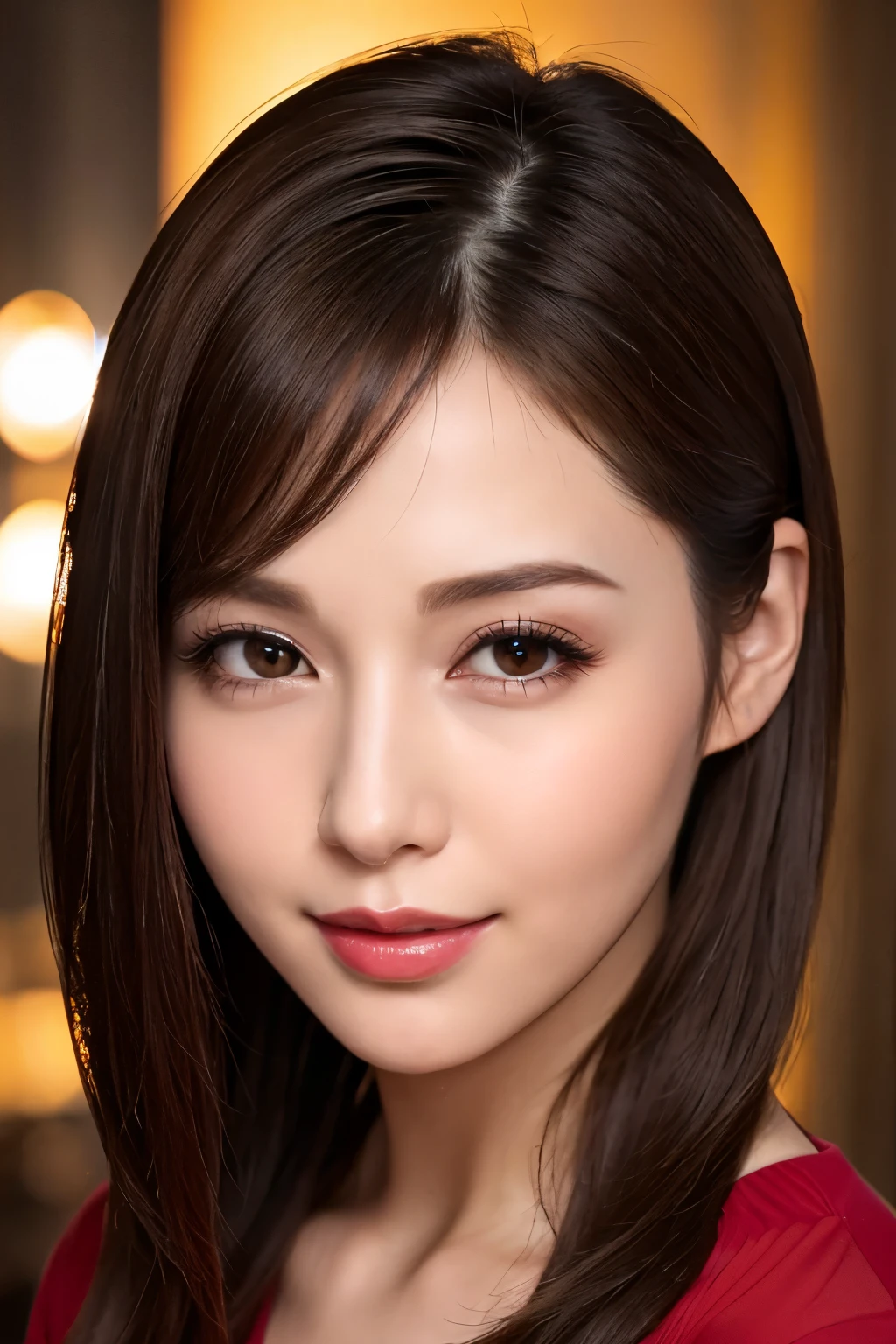 Highest quality. Tabletop, 8k, Best image quality, Award-winning works, One Girl, Perfect V-neck long knit red sweater, Waist up upper body shot, (Look forward), Red eyeshadow, Perfect Makeup, Long eyelashes, Ultra HD Shining Eyes, Ultra HD Hair, Ultra-high resolution glossy lips, Ultra HD cute face, Brown Hair, Very short straight hair, Look at me and smile, clavicle, Accurate anatomy, Face close-up, Luxury Love Hotel, The most atmospheric and warm lighting, Blurred Background