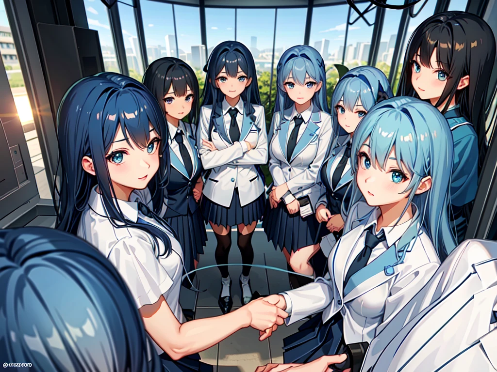 (((Clone Art、Very detailed depiction of a female avatar、8k: 1.5)))、Realistic、(())、((日本人のhigh school girl))、high school girl、((high school girl))、Beauty、woman、((Summer uniform、blue、White shirt、Skirt is light blue、White Pantyhose、Black leather shoes: 1.9))、((Black Hair、ponytail、Japan Eyes、smile: 1.9))、Beautiful Skin、Big Breasts、((There are many cloned humans who have the exact same face and body shape as the high school girl: 1.8))、Enclosure、数万人のhigh school girl、Standing、sitting、((crowd、Group、Intensive))、(((top view)))