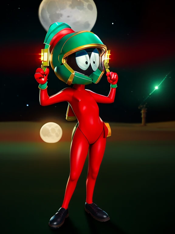 Kate Mara in sexy cosplay as Marvin the Martian, checking the instruments in her high tech Moon base, a huge ray gun aimed at the earth