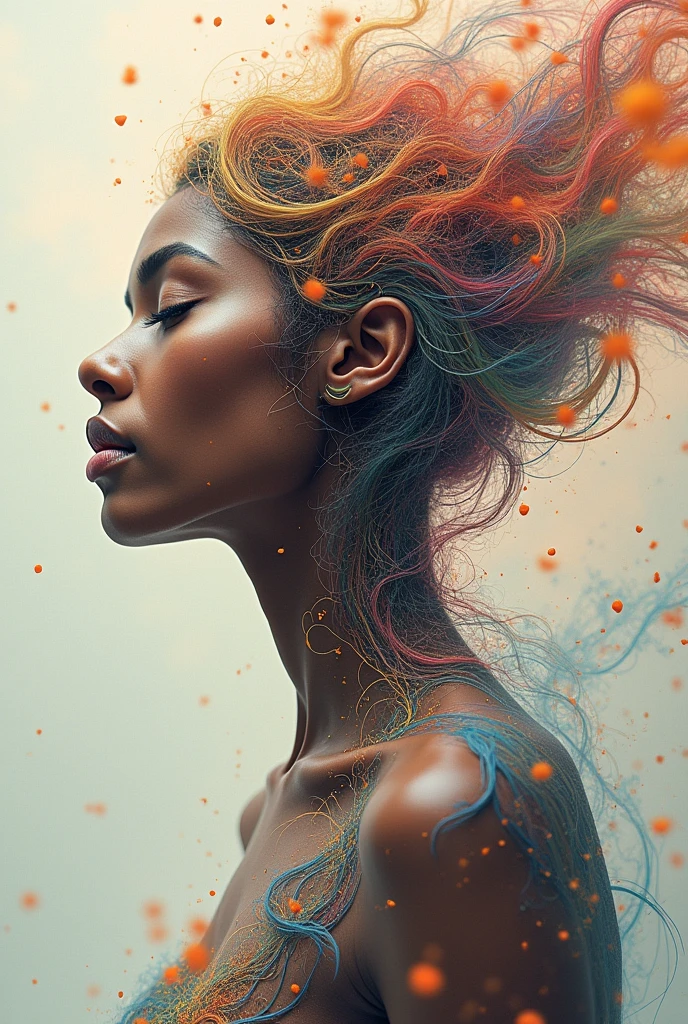 I AM a work of art OF DIFFERENT RACES THAT SEES EVERYTHING AND THAT USES ALL THE ELEMENTS OF OTHER WORLDS surreal that IS the abstract form of a beautiful woman. His figure is composed entirely of intertwined SURREAL THINGS that come in and out, forming A BODY FROM ANOTHER WORLD. THINGS vary in thickness, some daring and others fine, creating a sensation of depth and movement. His face, partially obscured by the intricate patterns, reveals a serene and hopeful expression. The background is a dreamlike swirl of soft pastel colors that blend seamlessly with the lines., suggesting an otherworldly landscape. Subtle touches of light radiate from its shape, symbolizing hope and inner strength, as if emerging from chaos into a world of possibilities. The overall effect is both delicate and powerful., and captures the essence of beauty and hope in an abstract and surreal style. NOTABLE DEPTH OF FIELD RULE OF THIRDS 24K PHOTOSHOP-LIKE FINISH