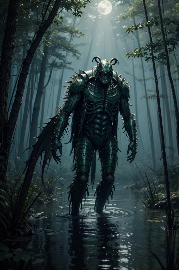 A monstrous crustacean humanoid emerges from the murky depths of a swamp, its slimy exoskeleton glistening in the moonlight.