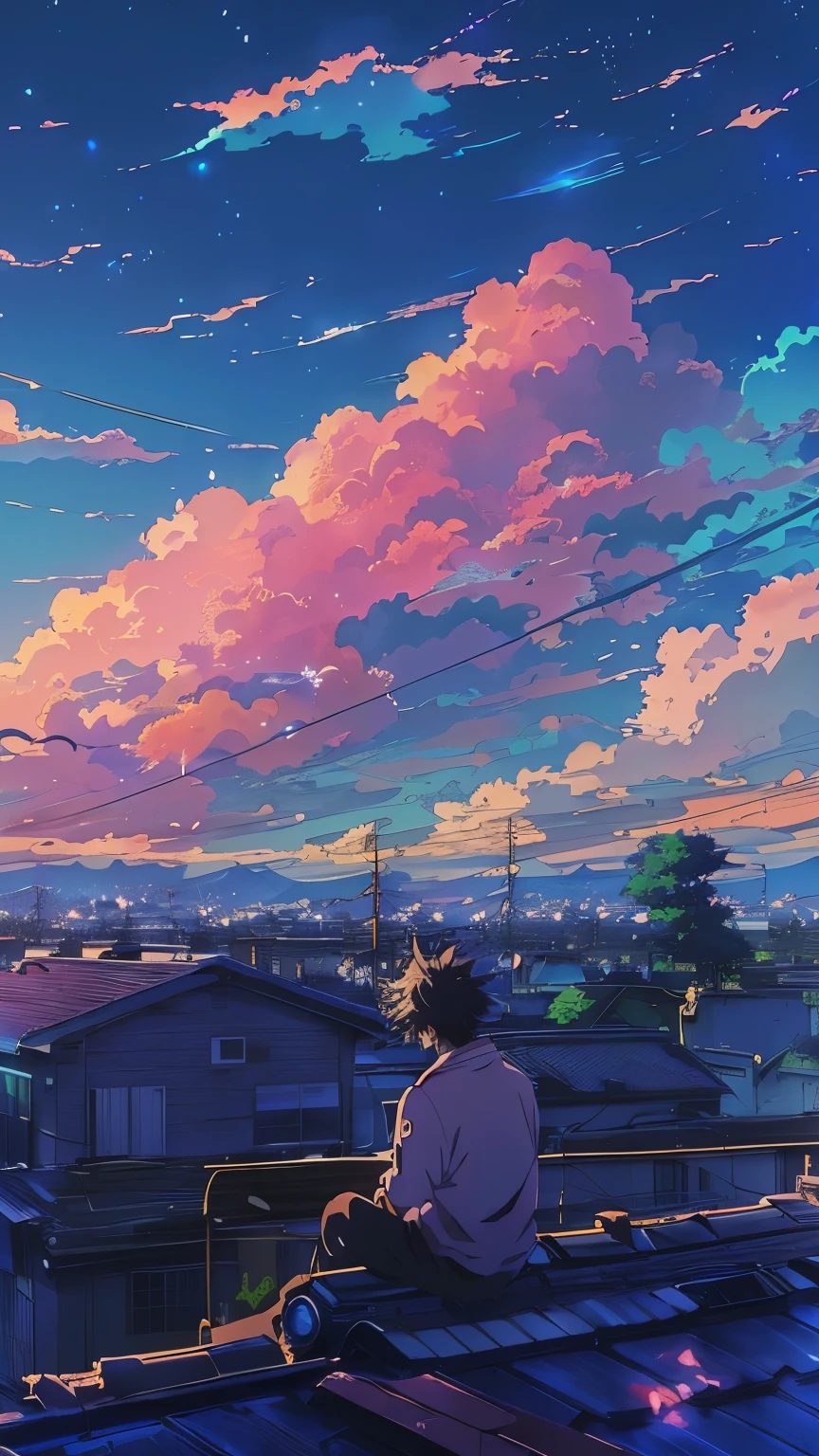 anime boy sitting on roof looking at the sky with clouds, anime sky, anime clouds, anime aesthetic, anime art wallpaper 4 k, anime art wallpaper 4k, anime art wallpaper 8 k, beautiful anime scene, lofi art, anime background, anime wallpaper 4k, anime wallpaper 4 k, anime vibes, makoto shinkai cyril rolando, anime scenery