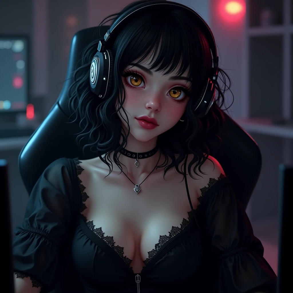 (short hair), wavy (black hair) and (a young woman with bangs). She has (fair skin) with bright (brown eyes) and (prominent freckles). She is dressed in a black gothic dress, radiating a slightly fiery expression, (large breasts), playing a computer game, selfie photo, gamer headset on her head
