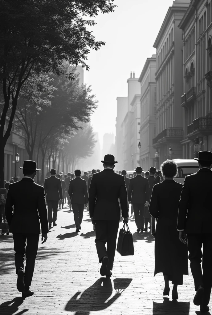 People on an avenue, everything in black and white. vintage style