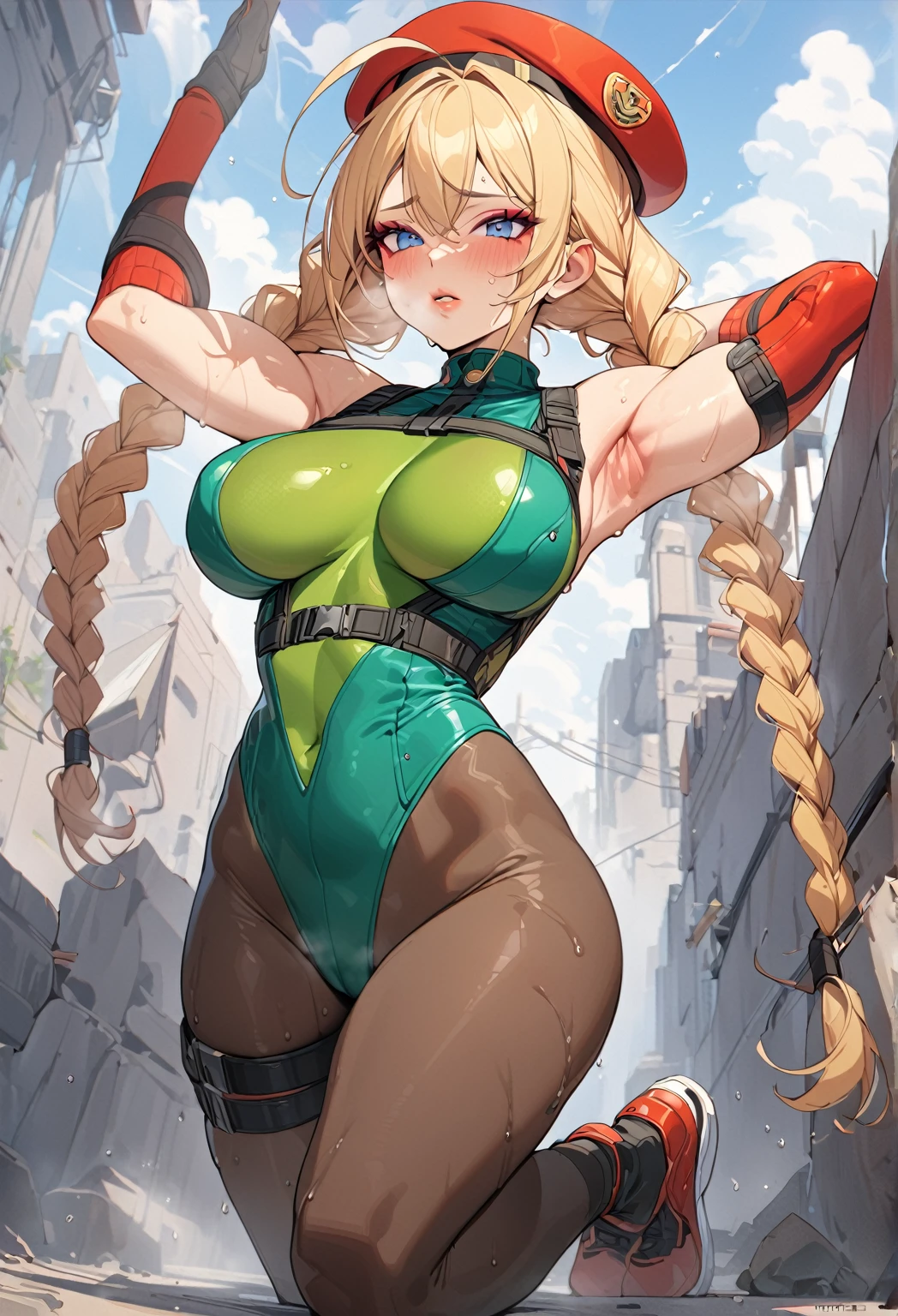 masterpiece,best quality,extreme detail,8k,cammyfn, 1girl, solo, long hair, breasts, blue eyes, blonde hair, large breasts, gloves, hat, upper body, braid, ahoge, twin braids, leotard, lips, makeup, beret, scar, antenna hair, nose, harness, huge ahoge, green leotard,sleeveless,arms behind head,armpit,armpits,sweaty,sweat,arms behind head,exhausted,sleeveless,cross eyed,sweaty armpits, full body
