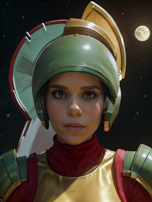 a beautiful woman with long black hair,kate mara,sexy cosplay as marvin the martian,checking the instruments in her high tech moon base,huge ray gun aimed at the earth,highly detailed face and eyes,beautiful detailed lips,extremely detailed face and eyes,longeyelashes,flawless skin,dramatic lighting,cinematic composition,hyperrealistic,photorealistic,professional 3d render,8k,best quality,masterpiece