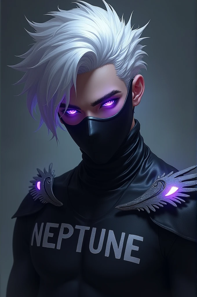 A male character with white hair and in his hair he has very small wings and he is wearing a black mask and his eyes are flaming purple and on his chest it says NEPTUNE