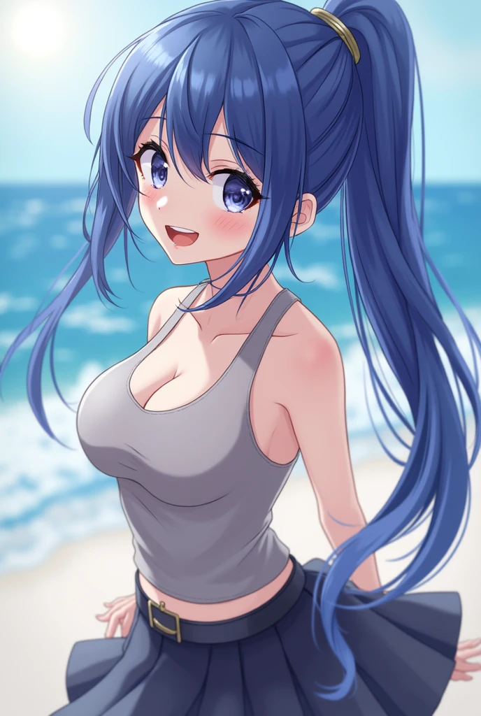 ((Highest quality)), ((masterpiece)), (detailed), One girl,long hair,bluehair,navy eyes,beauty,ponytail,Slanted Eyes、Bad look in the eyes,アニメ,game cg,shiny skin,huge breasts,large breasts,,child, very long hair、Tank top,blouse,,evil smile,Have staff