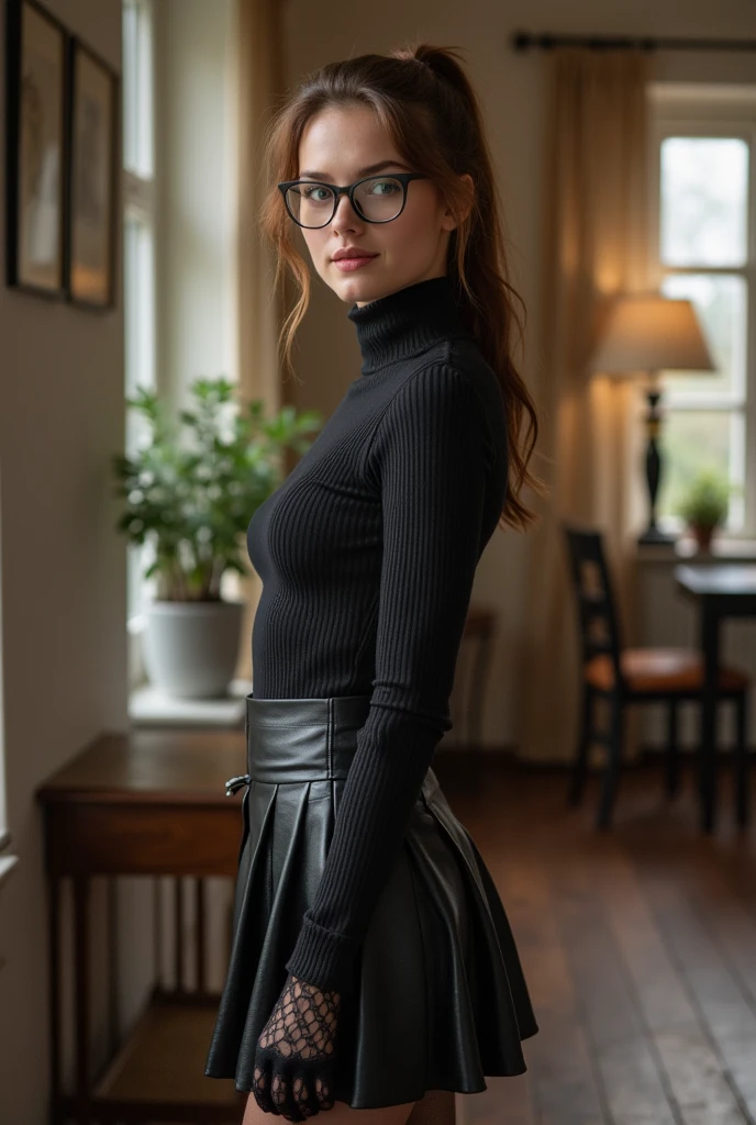 brown hair、ponytail、cute face、 she wears a turtleneck and a skirt.、black pantyhose、Wearing glasses、Wearing black lace gloves、wearing  boots、adult german woman、full body portrait、indoor.、