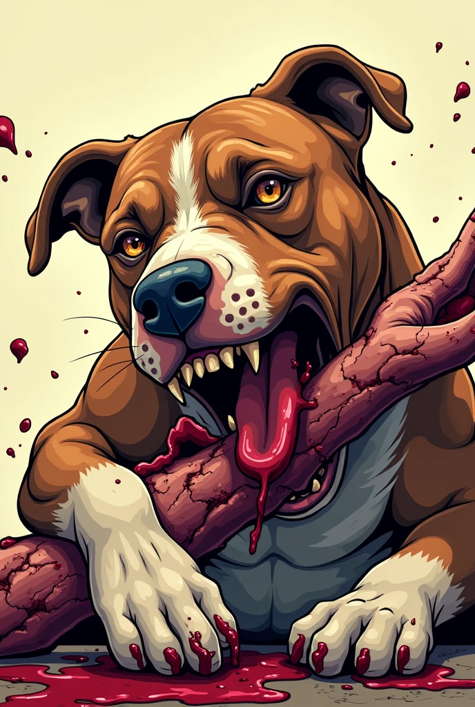 Head of a rabid pit bull with a torn arm in its mouth in a cartoon style