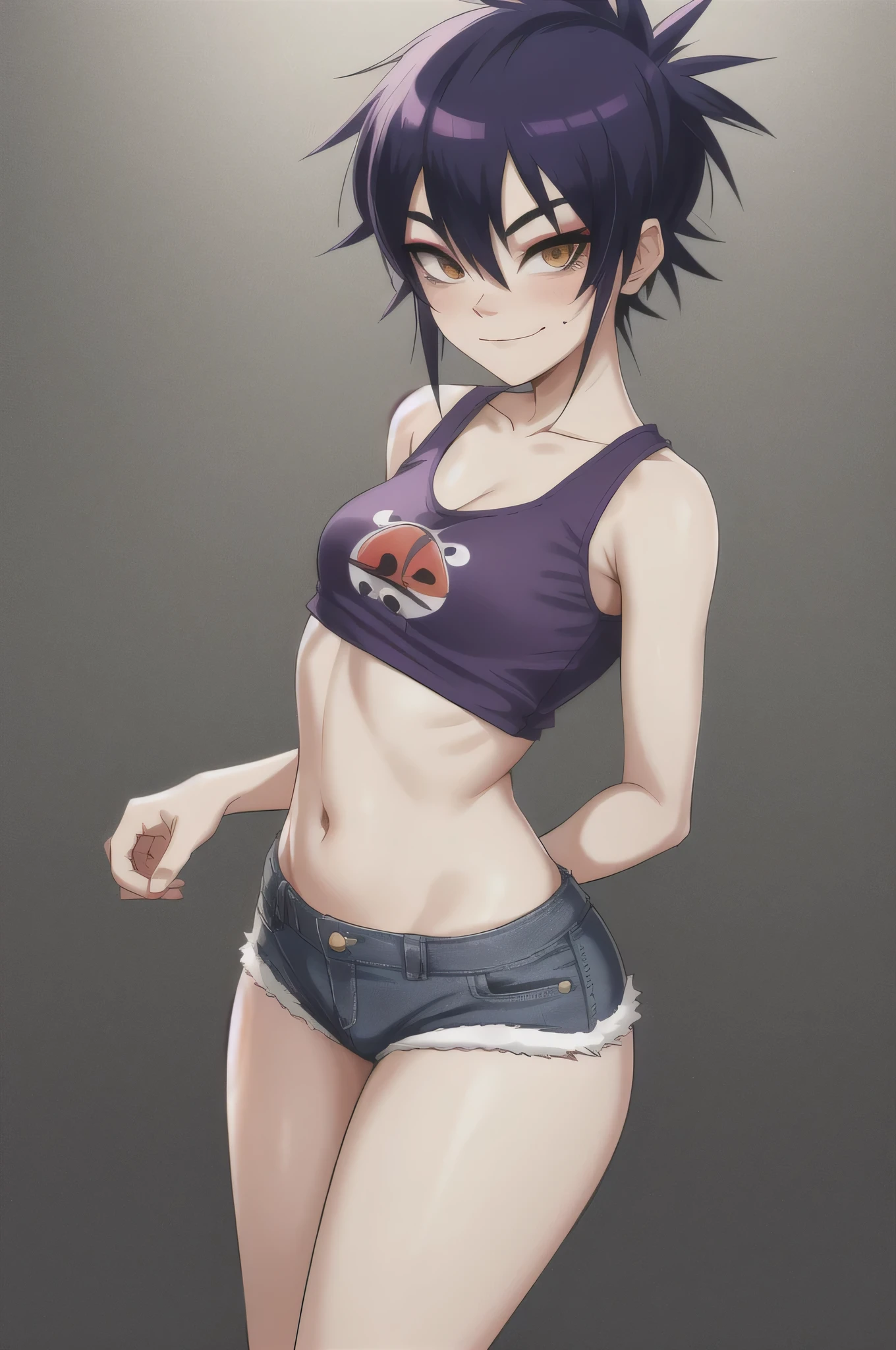 Sharp lines, noodles (Gorillaz), masterpiece, best quality, solo, purple hair, medium hair, looking at the viewer, bangs, upturned nose, converse, over-eye hair, high tops, blush, detailed fingers, 5 fingers, sfw, sexy expression, seductive smile, detailed music studio background, denim shorts, small breasts, long stockings, portrait, crop top, midriff, detailed tummy, standing, detailed between legs, freckles, makeup, legs open,  breast teasing, hands behind the head, taking off shirt, panties, flirty pose