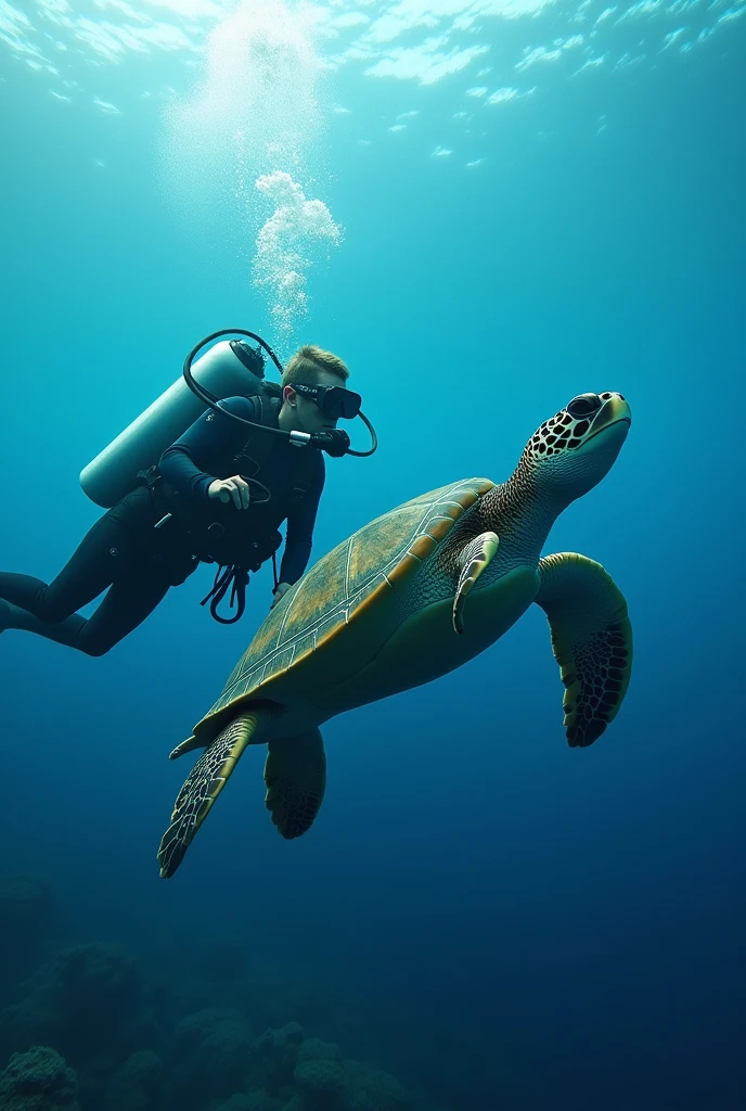 Scuba divers shark and Turtle Together make To logo