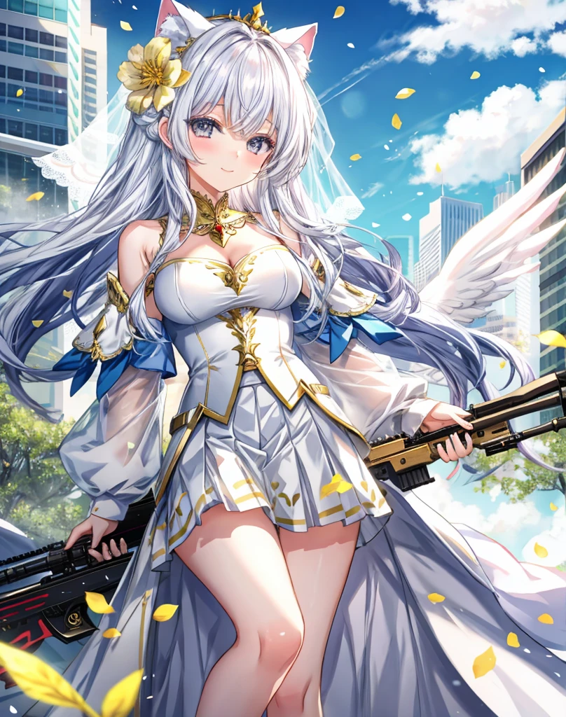 Anime nekogirl, cat_ears, 8K, cute girls、young anime girl、Portrait of an anime Nekogirl、Beautiful anime girl//Style
BREAK
//quality and charactor
gold eyes, white long curly hair,
high resolution, ultra detailed, absurderes,
((golden white Angel wings)), (off shoulders:1.3), kawaii smile
She hold a big sniper rifle, medium breast.
Sniper Rifle.
BREAK
//Fashion
Intricate white god clothes, bare shoulders, Veil details,
(gold details ),(Red details )
God dress, bare foot
(Tuckout skirt:1.3),(Skirt pull up:1.3),
bare shoulders
She is a god with a sniper rifle
BREAK
//background
Sky blue, white clouds, meteorite, blurry skyscrapers, blue flower petals, scenery, gold hearts midair in the background
BREAK
//emotion
Thoughtful expression, Pensive, Reflective, Contemplative,
Utopian performance, lost in thought, Contemplative, Pensive,
BREAK
//effect
Blooming light effect