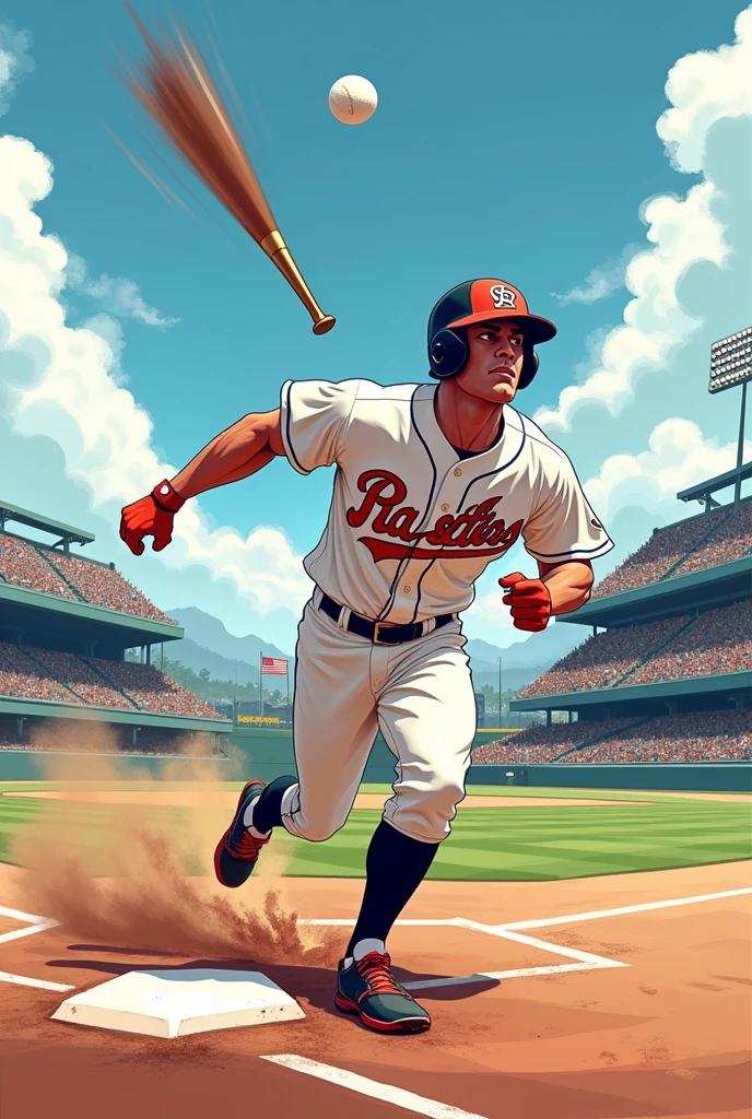 An illustration of a baseball player running to the base while looking up at the ball he hits and throws the bat at a top angle