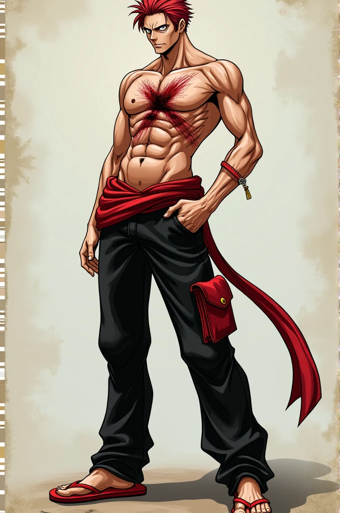 Um personagem de One Piece, he has red hair, wears black pants with a red detail, is 2 meters and 40 centimeters tall, He has a scar on his eye and another large wound on his chest that is shaped like an X and he also wears red flip-flops., thin and not very muscular, does not wear a shirt.