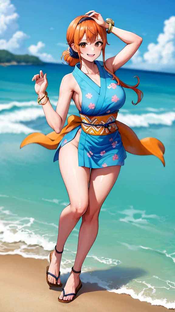 full body:1.3masterpiece, best quality, high resolution, us (piece), Long hair, Orange Hair, Low Ponytail, Headband, Blue Ribbon, Brown eyes, clavicle, cleveage, Short Kimono, Blue Kimono, sleeveless, karate,  bracelet, sash, Heart, permanent, Cowboy shooting, Challenging poses, 海滩Heart情, beautiful beach, Smile,