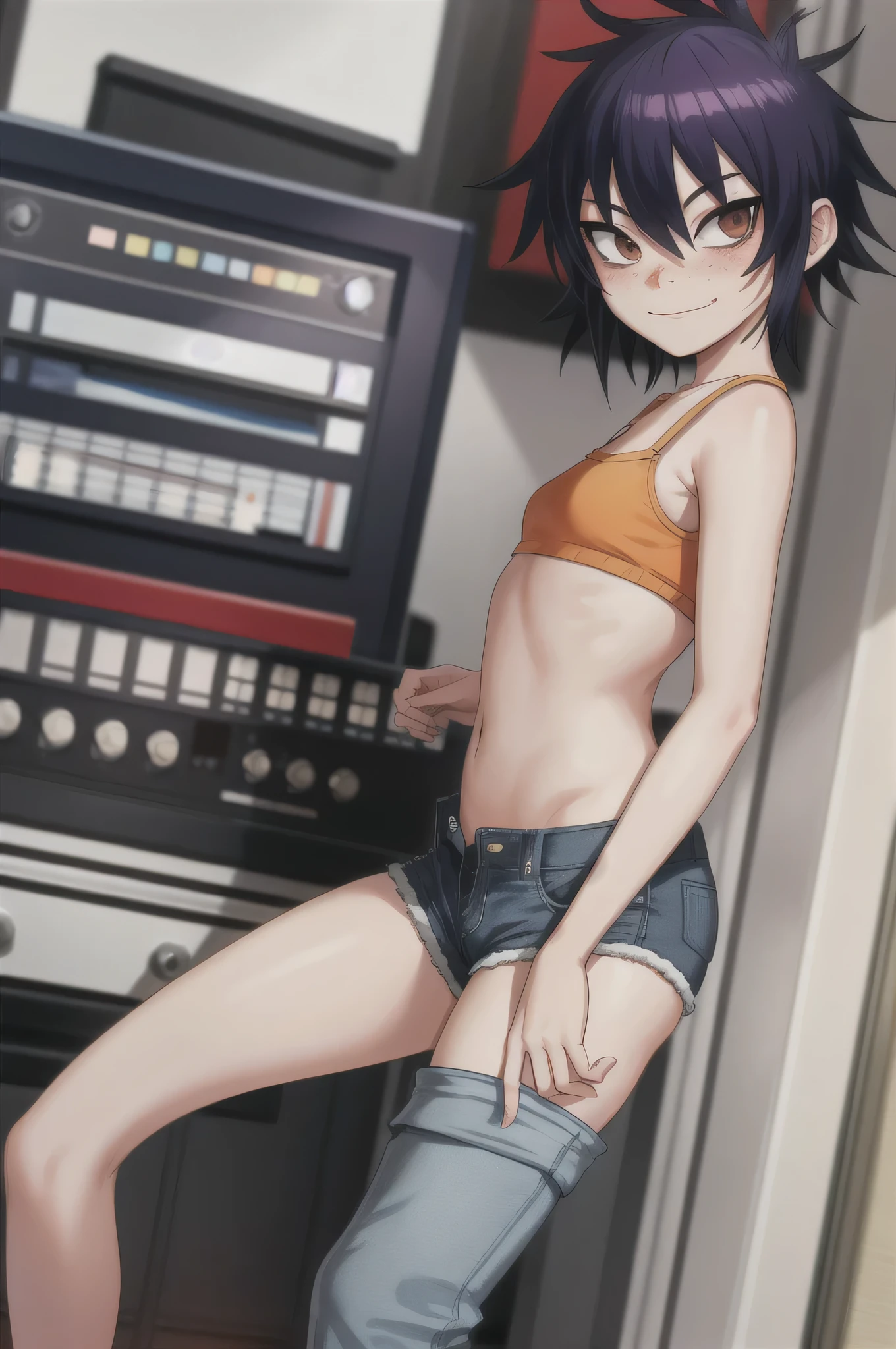 noodles (Gorillaz), masterpiece, best quality, solo, purple hair, medium hair, looking at the viewer, bangs, upturned nose, converse, over-eye hair, high tops, blush, detailed fingers, 5 fingers, sfw, sexy expression, seductive smile, detailed music studio background, denim shorts, small breasts, long stockings, portrait, crop top, midriff, detailed tummy, standing, detailed between legs, freckles, makeup, legs open, breast teasing, hands behind the head, taking off shirt, panties, flirty pose