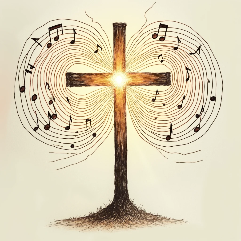 Drawing of a shining cross, with musical notes and many circular sound waves that echo.