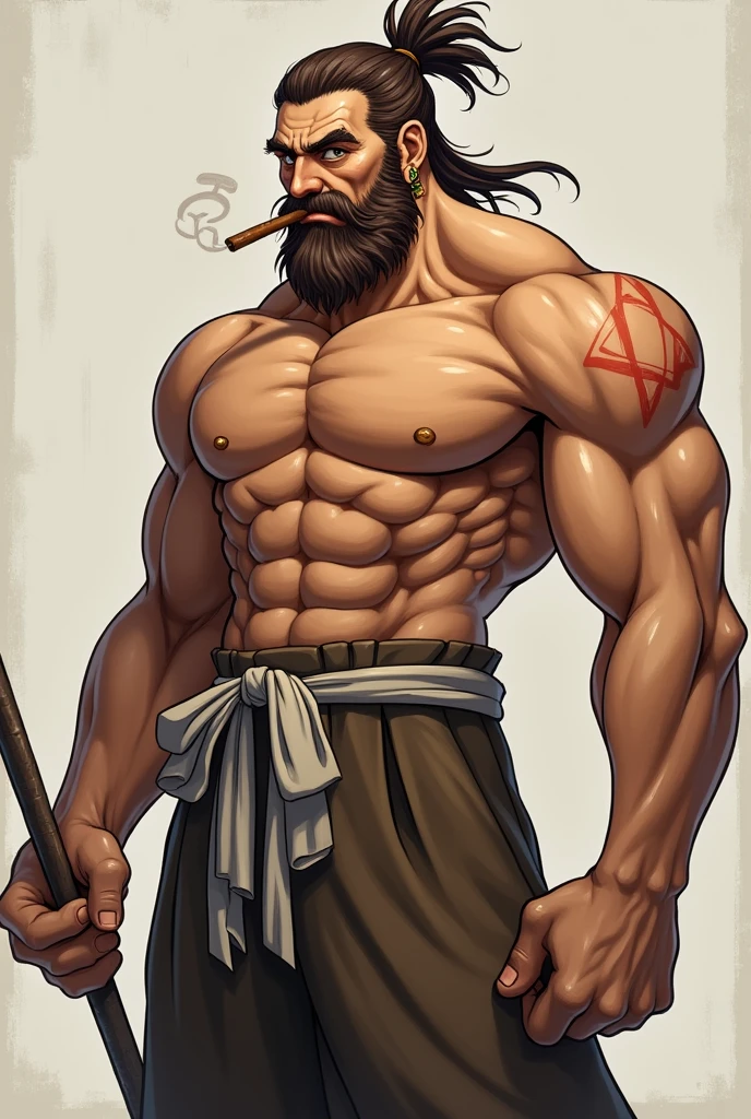 character, old man, brown hair tied up, muscular, imposing, dangling earring on her ear, totally black eyes, short beard, bushy eyebrows, cigar in his mouth, scar on his shoulder, wide wool trousers, white ribbons on her waist, white staff, anime, 4k, fondo blamco