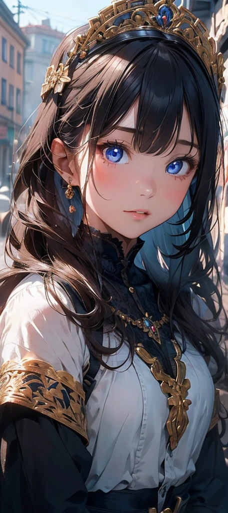 a girl in a fantasy setting, detailed face with beautiful eyes, lips and nose, intricate details, highly detailed, 8k, best quality, ultra-detailed, extremely detailed face, detailed skin and fabric, fantasy headdress on her head, upper body portrait