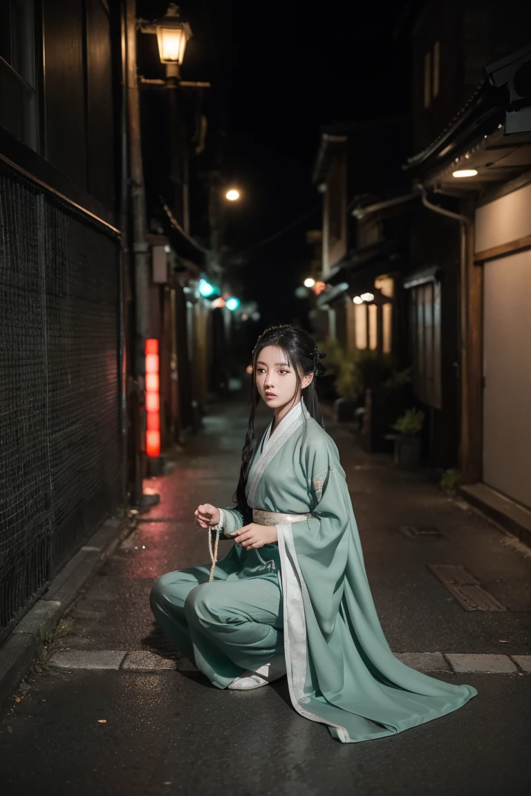 best quality，8k，The clearest，Highest resolution，Male gray wolf［Son：0.6］，表情Drunk［Drunk：0.7］，Body［robust：0.6］，身上穿着Dark green Hanfu［Dark green Hanfu；0.8］，下身穿着Black Hanfu trousers［Black Hanfu trousers：0.9］，Lying in the dark street［Lying in the dark street：0.9］，Hands tied with ropes［Hands tied with ropes：0.9］，The eyes are blindfolded［The eyes are blindfolded：0.9］