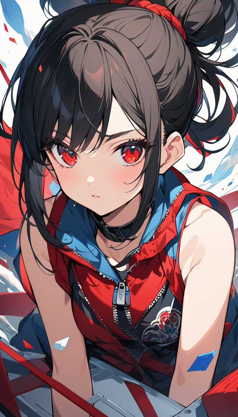 An anime-inspired illustrations, a stunningly beautiful young woman,with long black hair tied up to high topknot,wearing blue zipped jacket, sleeveless,She got red eyes.