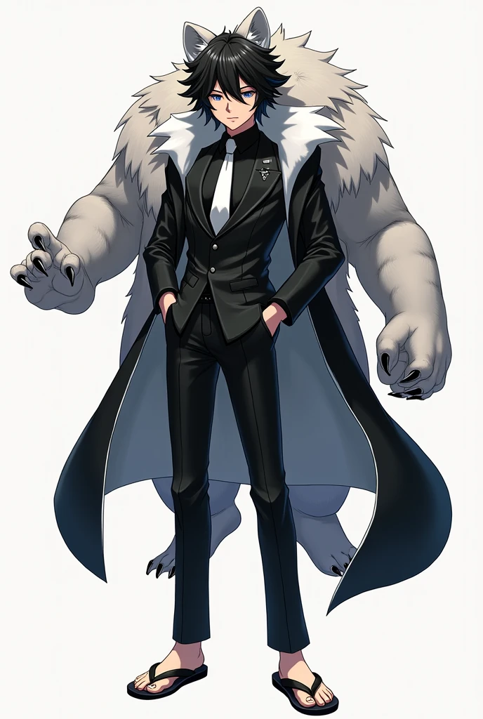 Black haired character, It has the breed of Mink bear, wears a black suit with a white tie, wears flip-flops and dress pants, has the sand fruit, usa or estilo of luta hokushiki, has a white cover, and is the right hand of a crew, he is 19 years old