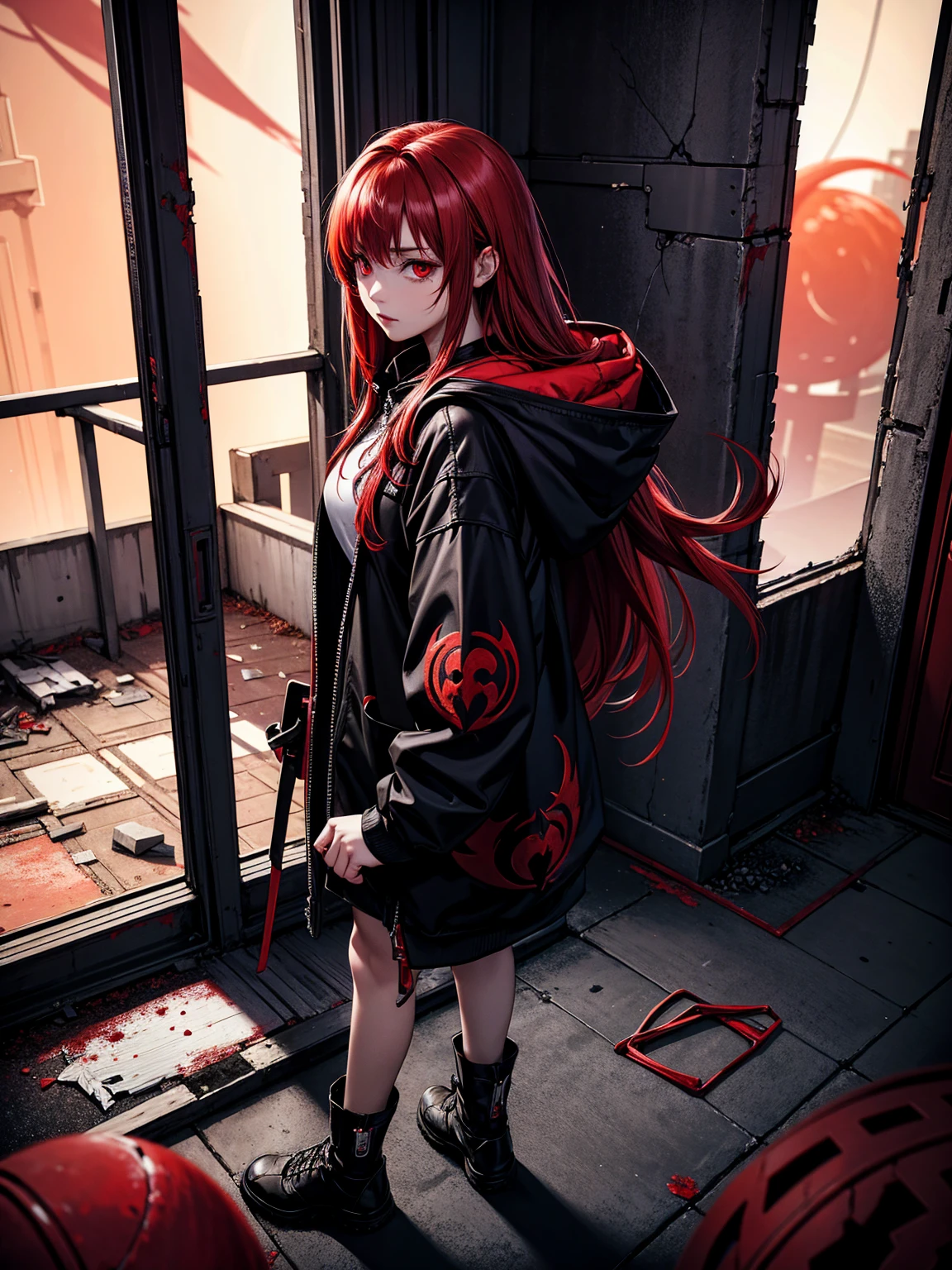 (Name: Kaira Bloodmoon), Using Hooded Assassin Light Outfit, Pretty, Beautiful, In a Abandoned Building, Red Eyes, Dramatic Killer Pose, Red Haired