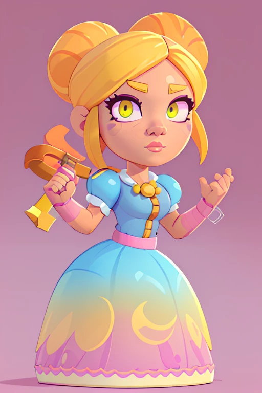 Brawl stars character Piper,1girl,standing pose,pink circular background,beautiful detailed eyes,beautiful detailed lips,extremely detailed face and skin,highly detailed,8k, photorealistic, cinematic lighting,trending on artstation, award winning, intricate details, vibrant colors, concept art, blou dress, yellow hair,