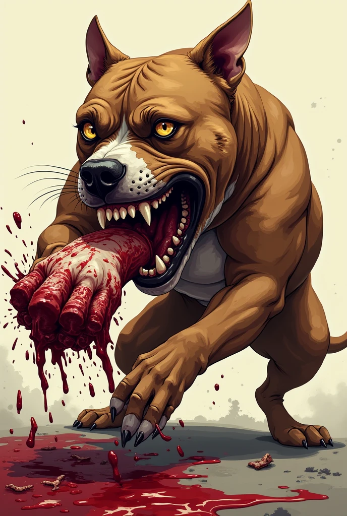Head of a rabid pit bull with a torn arm in its mouth in a cartoon style