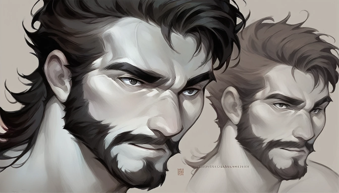 Concept art, man, dark hair, without beard, facial expressions