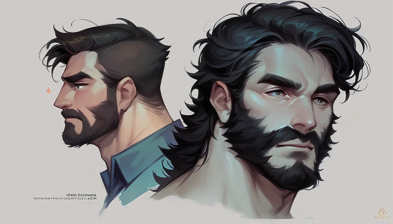 Concept art, man, dark hair, without beard, facial expressions