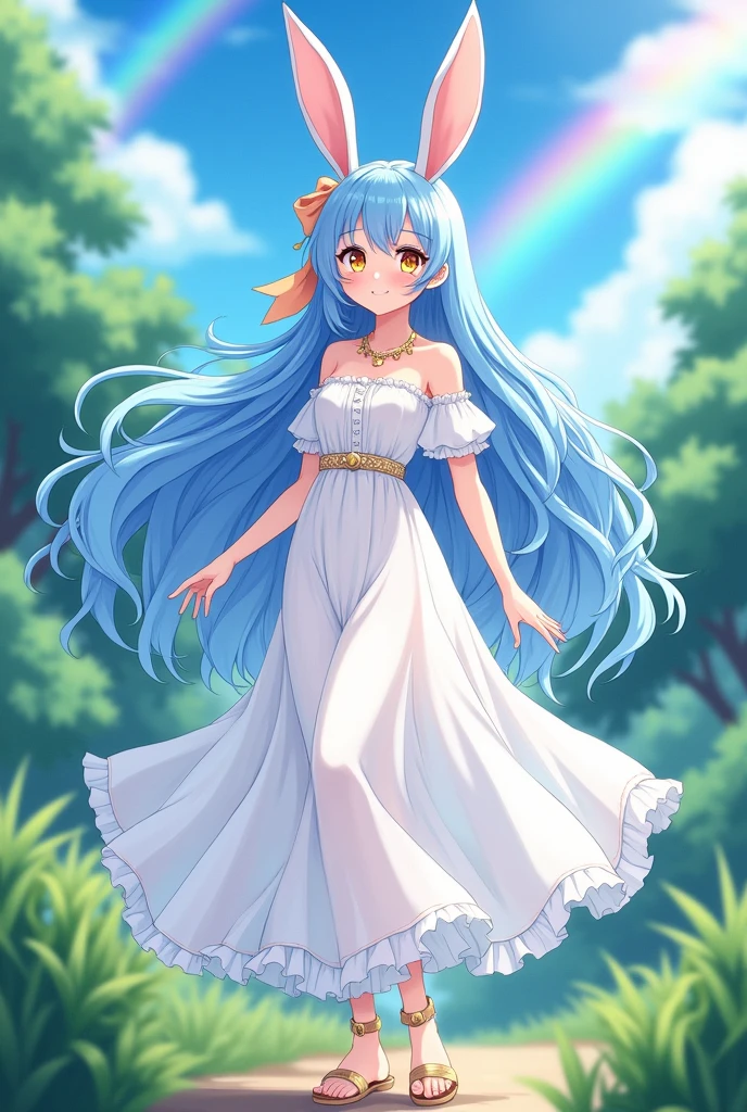 can you give me an anime drawing of a bunny girl human with powers that control the rain, blue long wavy hair, white goddess floaty elegant dress, 1080p, forest background, day time, rainbow in the sky, landscape format, shiny glittery aura, happy blushing expression, gold color eyes, simple sandals, golden accessories elegant, peach color ribbon on ends of hair