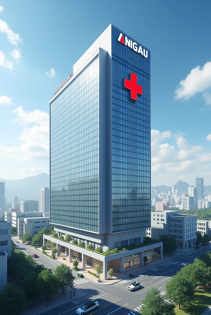 A big hospital with a red cross with logo ANGAU