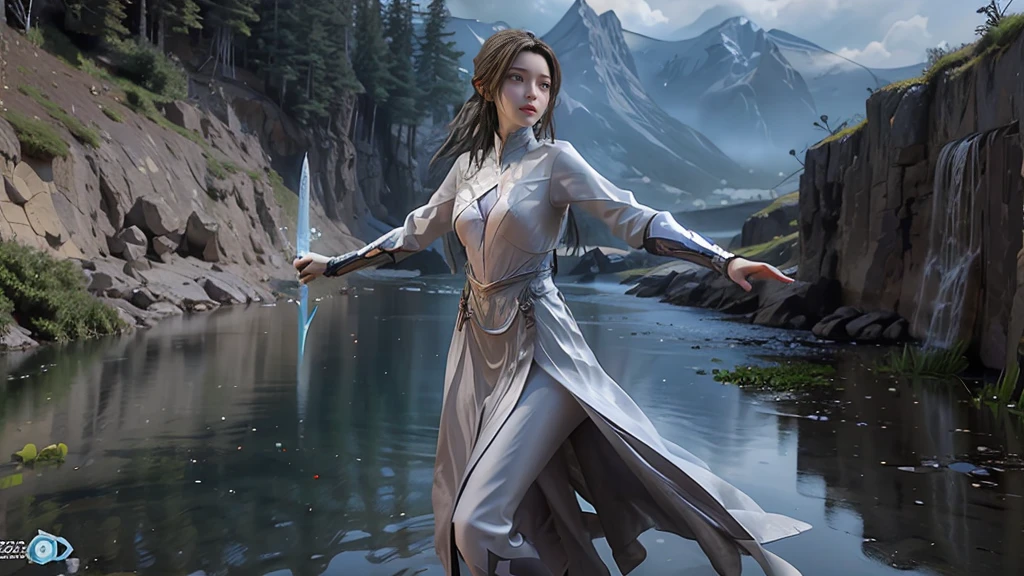 masterpiece,Game Art,Best picture quality,Maximum resolution,8k,(Upper Body),Unreal Engine 5 rendering works,(Digital Photography),(Girl dancing sword,The smile is beautiful),Short hair details,(The eyes are very delicate),(With long gray hair:1.4),(Perfect body),(Bright dress),(background:mountain peak),light,night,Ray Tracing,RAW photos,((3D Unreal Engine)),OC rendering reflection mode