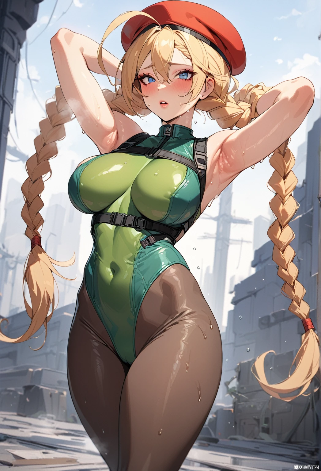 masterpiece,best quality,extreme detail,8k,cammyfn, 1girl, solo, long hair, breasts, blue eyes, blonde hair, large breasts, gloves, hat, upper body, braid, ahoge, twin braids, leotard, lips, makeup, beret, scar, antenna hair, nose, harness, huge ahoge, green leotard,sleeveless,arms behind head,armpit,armpits,sweaty,sweat,arms behind head,exhausted,sleeveless,cross eyed,sweaty armpits, full body