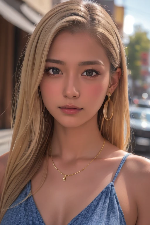 (Highest quality、4K、8k、High resolution、masterpiece:1.2)、Very detailed、(Genuine、Realistic、Realistic:1.3)、bustling street、Ear piercing、、Gal Makeup、Gal Fashion、((Blonde))、Gold Necklace、Gold Bracelets、Gold chain