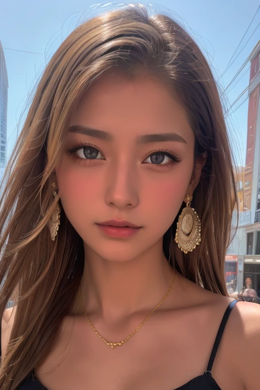 (Highest quality、4K、8k、High resolution、masterpiece:1.2)、Very detailed、(Genuine、Realistic、Realistic:1.3)、bustling street、Ear piercing、、Gal Makeup、Gal Fashion、((Blonde))、Gold Necklace、Gold Bracelets、Gold chain