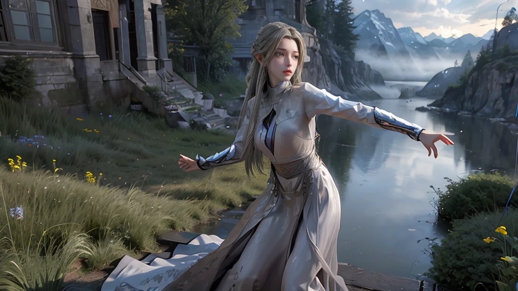 masterpiece,Game Art,Best picture quality,Maximum resolution,8k,(Upper Body),Unreal Engine 5 rendering works,(Digital Photography),(Girl dancing sword,The smile is beautiful),Short hair details,(The eyes are very delicate),(With long gray hair:1.4),(Perfect body),(Bright dress),(background:mountain peak),light,night,Ray Tracing,RAW photos,((3D Unreal Engine)),OC rendering reflection mode