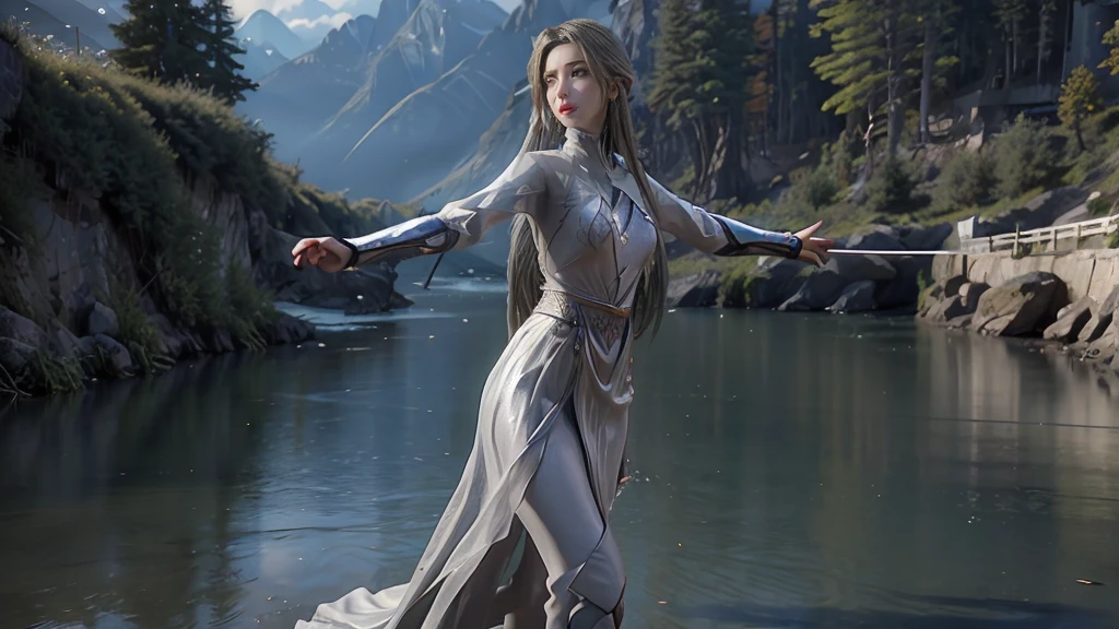 masterpiece,Game Art,Best picture quality,Maximum resolution,8k,(Upper Body),Unreal Engine 5 rendering works,(Digital Photography),(Girl dancing sword,The smile is beautiful),Short hair details,(The eyes are very delicate),(With long gray hair:1.4),(Perfect body),(Bright dress),(background:mountain peak),light,night,Ray Tracing,RAW photos,((3D Unreal Engine)),OC rendering reflection mode