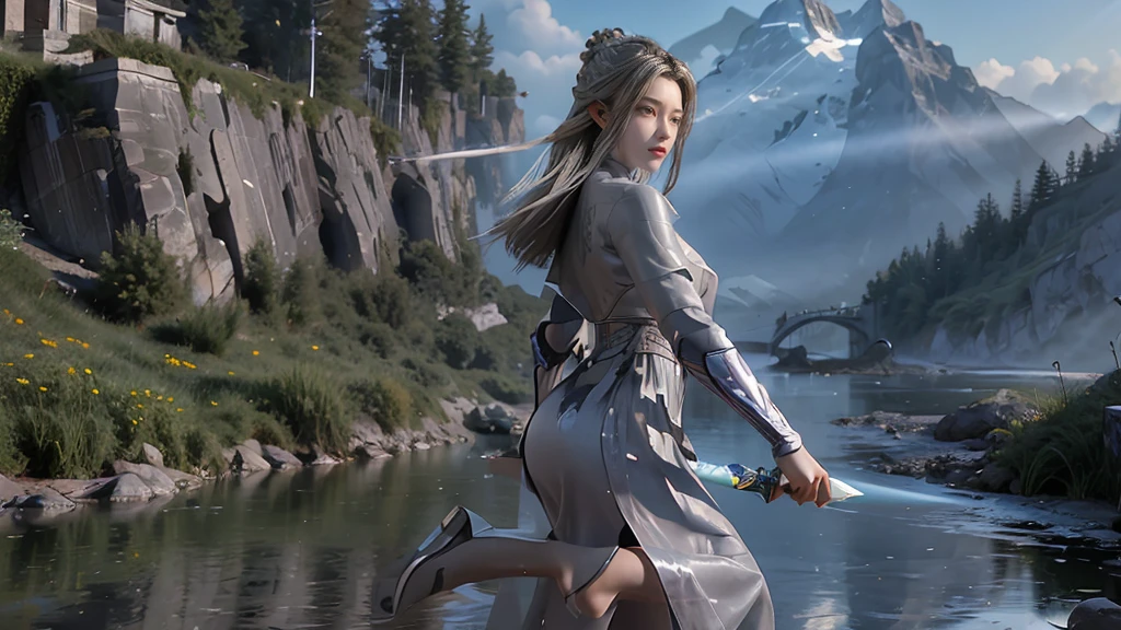 masterpiece,Game Art,Best picture quality,Maximum resolution,8k,(Upper Body),Unreal Engine 5 rendering works,(Digital Photography),(Girl dancing sword,The smile is beautiful),Short hair details,(The eyes are very delicate),(With long gray hair:1.4),(Perfect body),(Bright dress),(background:mountain peak),light,night,Ray Tracing,RAW photos,((3D Unreal Engine)),OC rendering reflection mode