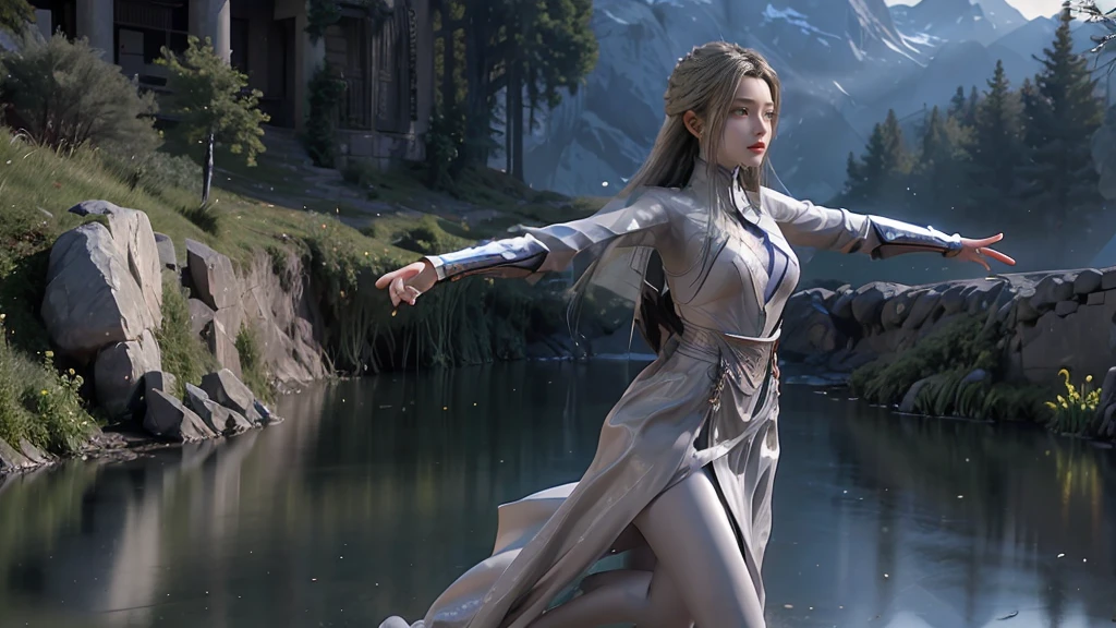 masterpiece,Game Art,Best picture quality,Maximum resolution,8k,(Upper Body),Unreal Engine 5 rendering works,(Digital Photography),(Girl dancing sword,The smile is beautiful),Short hair details,(The eyes are very delicate),(With long gray hair:1.4),(Perfect body),(Bright dress),(background:mountain peak),light,night,Ray Tracing,RAW photos,((3D Unreal Engine)),OC rendering reflection mode