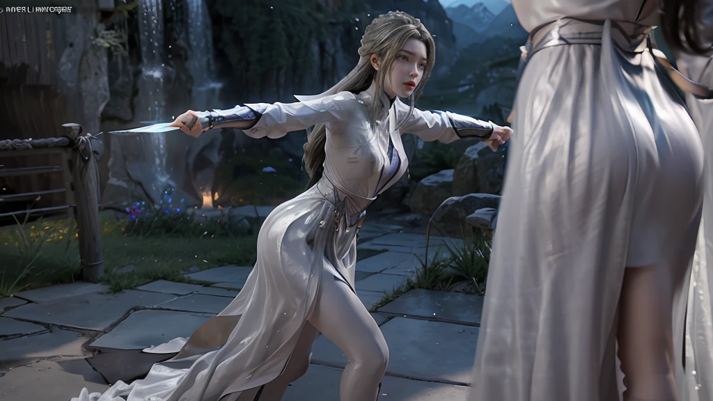 masterpiece,Game Art,Best picture quality,Maximum resolution,8k,(Upper Body),Unreal Engine 5 rendering works,(Digital Photography),(Girl dancing sword,The smile is beautiful),Short hair details,(The eyes are very delicate),(With long gray hair:1.4),(Perfect body),(Bright dress),(background:mountain peak),light,night,Ray Tracing,RAW photos,((3D Unreal Engine)),OC rendering reflection mode