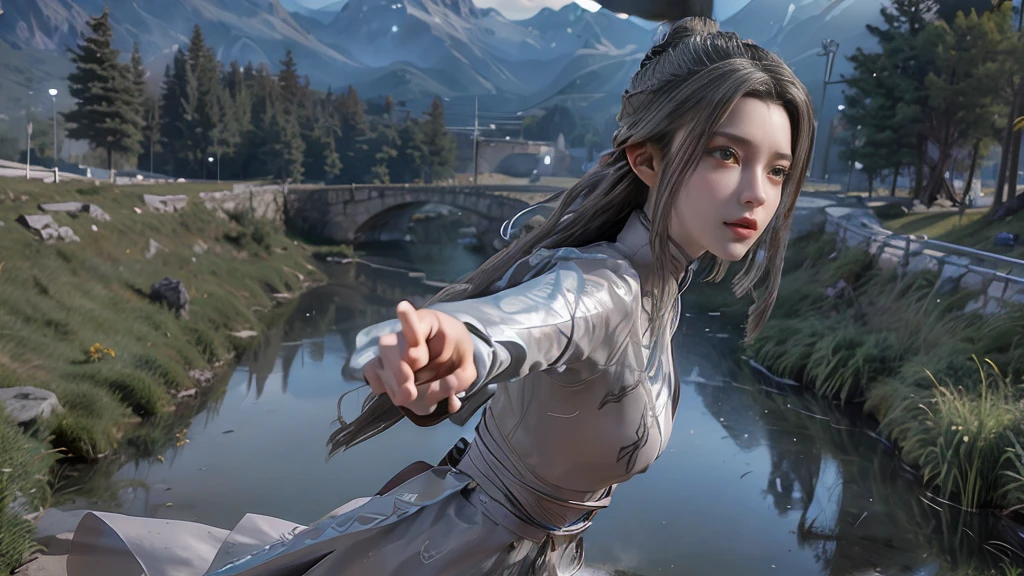 masterpiece,Game Art,Best picture quality,Maximum resolution,8k,(Upper Body),Unreal Engine 5 rendering works,(Digital Photography),(Girl dancing sword,The smile is beautiful),Short hair details,(The eyes are very delicate),(With long gray hair:1.4),(Perfect body),(Bright dress),(background:mountain peak),light,night,Ray Tracing,RAW photos,((3D Unreal Engine)),OC rendering reflection mode