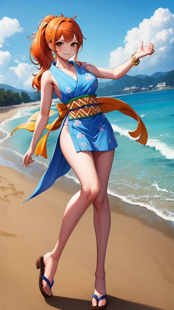 full body:1.3masterpiece, best quality, high resolution, us (piece), Long hair, Orange Hair, Low Ponytail, Headband, Blue Ribbon, Brown eyes, clavicle, cleveage, Short Kimono, Blue Kimono, sleeveless, karate,  bracelet, sash, Heart, permanent, Cowboy shooting, Challenging poses, 海滩Heart情, beautiful beach, Smile,